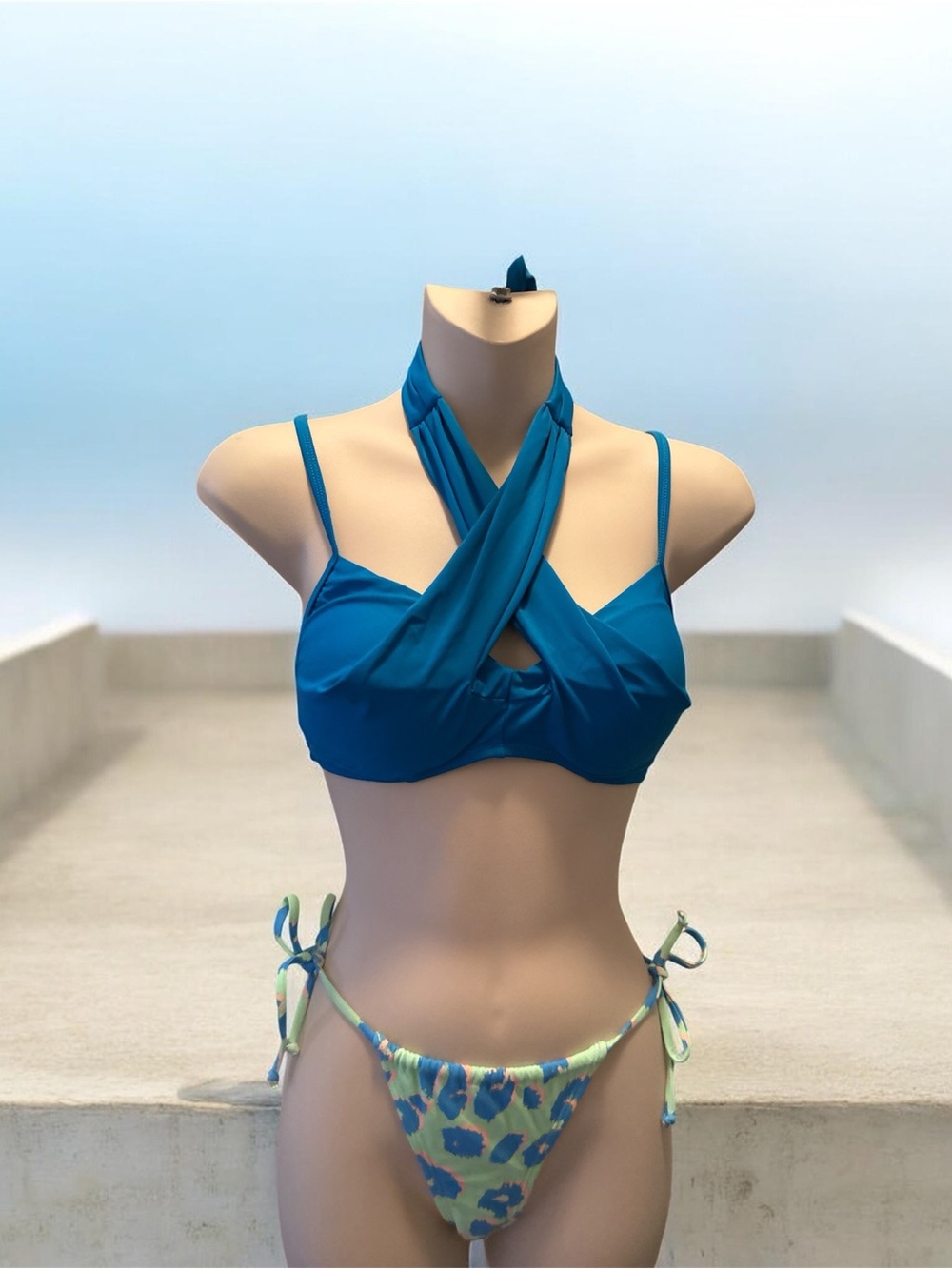 Turquoise Cross-Front Halter Bikini Top with Printed Tie-Side Bottom